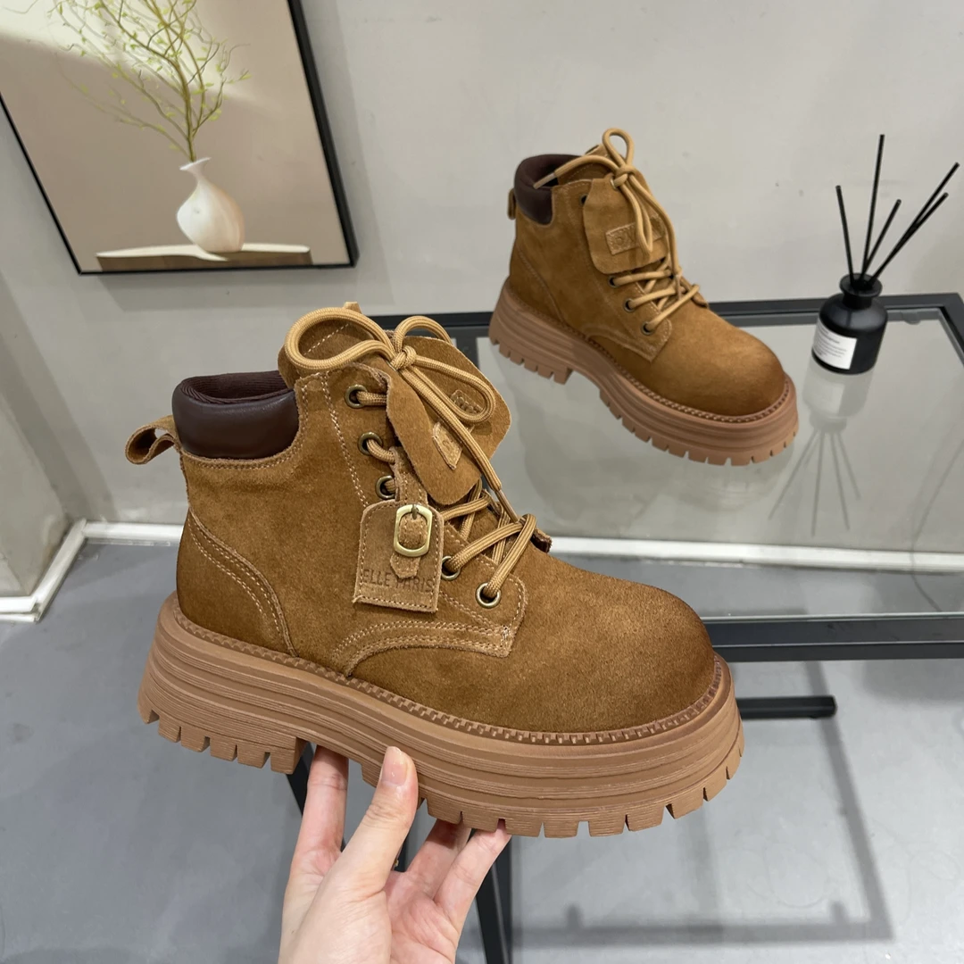 厚底圆头系带大黄靴复古磨砂绒面马丁靴2025秋新款小众西部牛仔靴