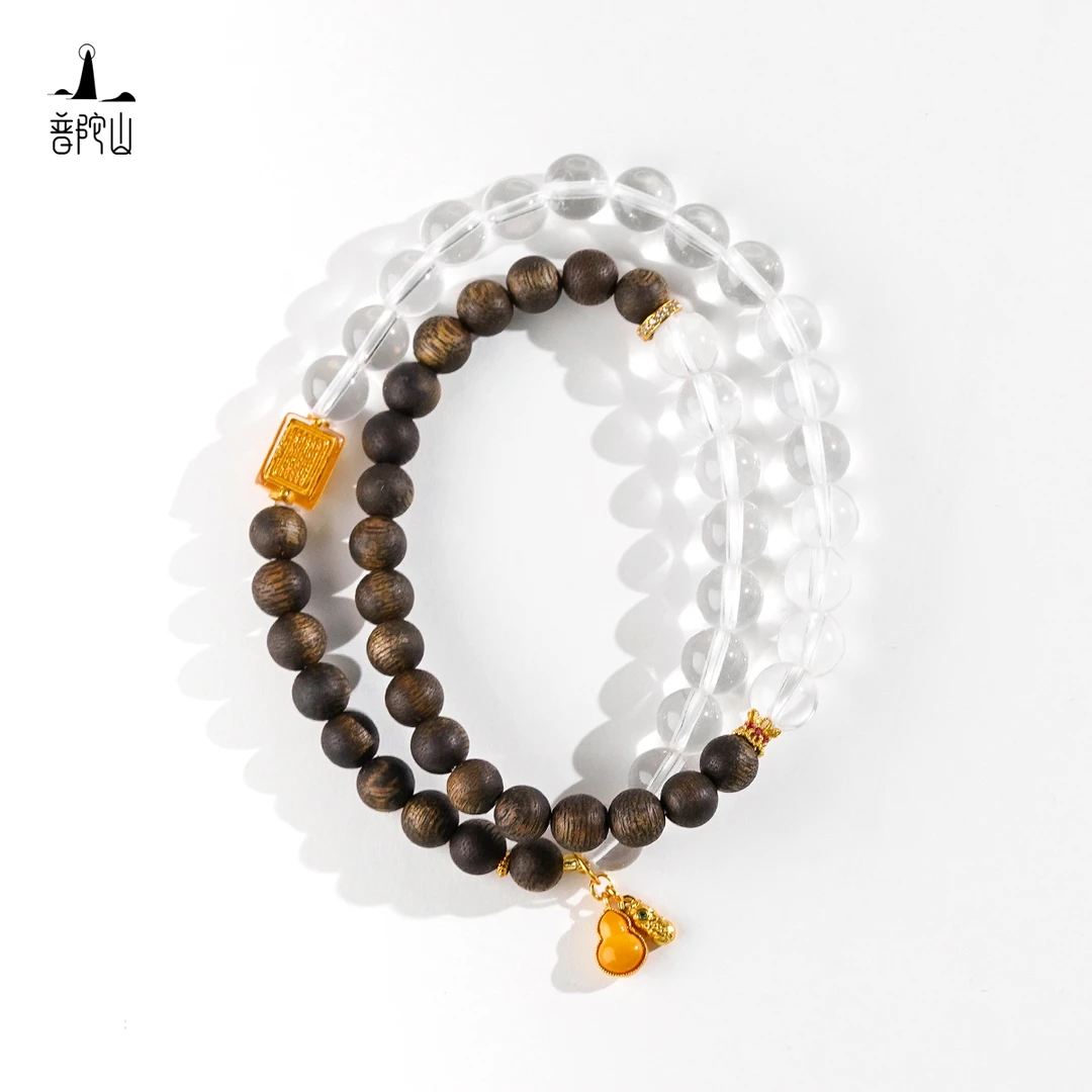 普陀山【净禅三境】沉香蜜蜡白水晶五条经手链