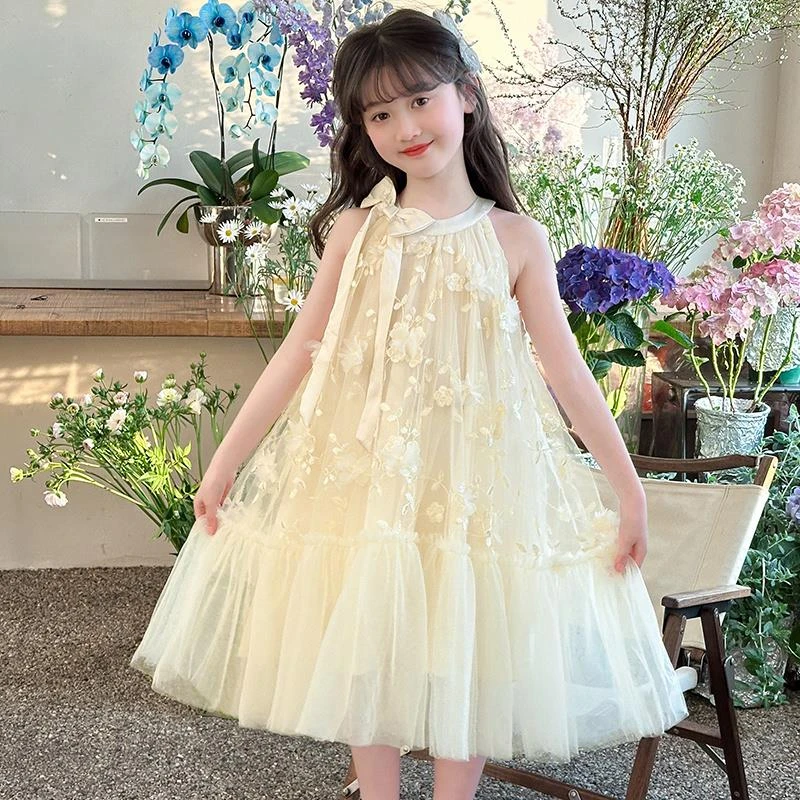 女童连衣裙夏装2025新款洋气挂脖吊带裙公主裙花朵A字网纱长裙子
