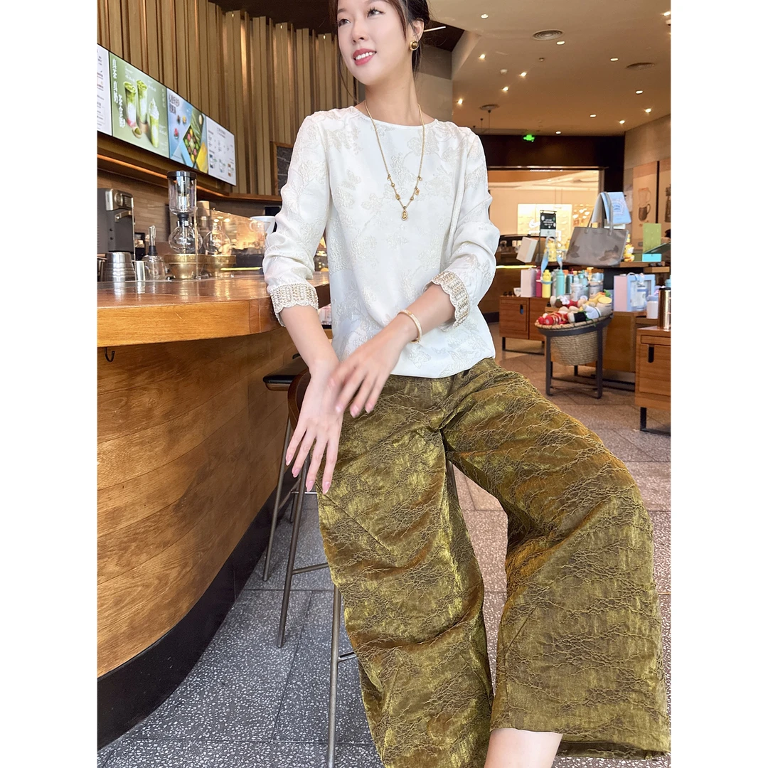 【深圳罗依】原创真丝衬衫女桑蚕丝金线提花新中式圆领长袖钉珠上衣