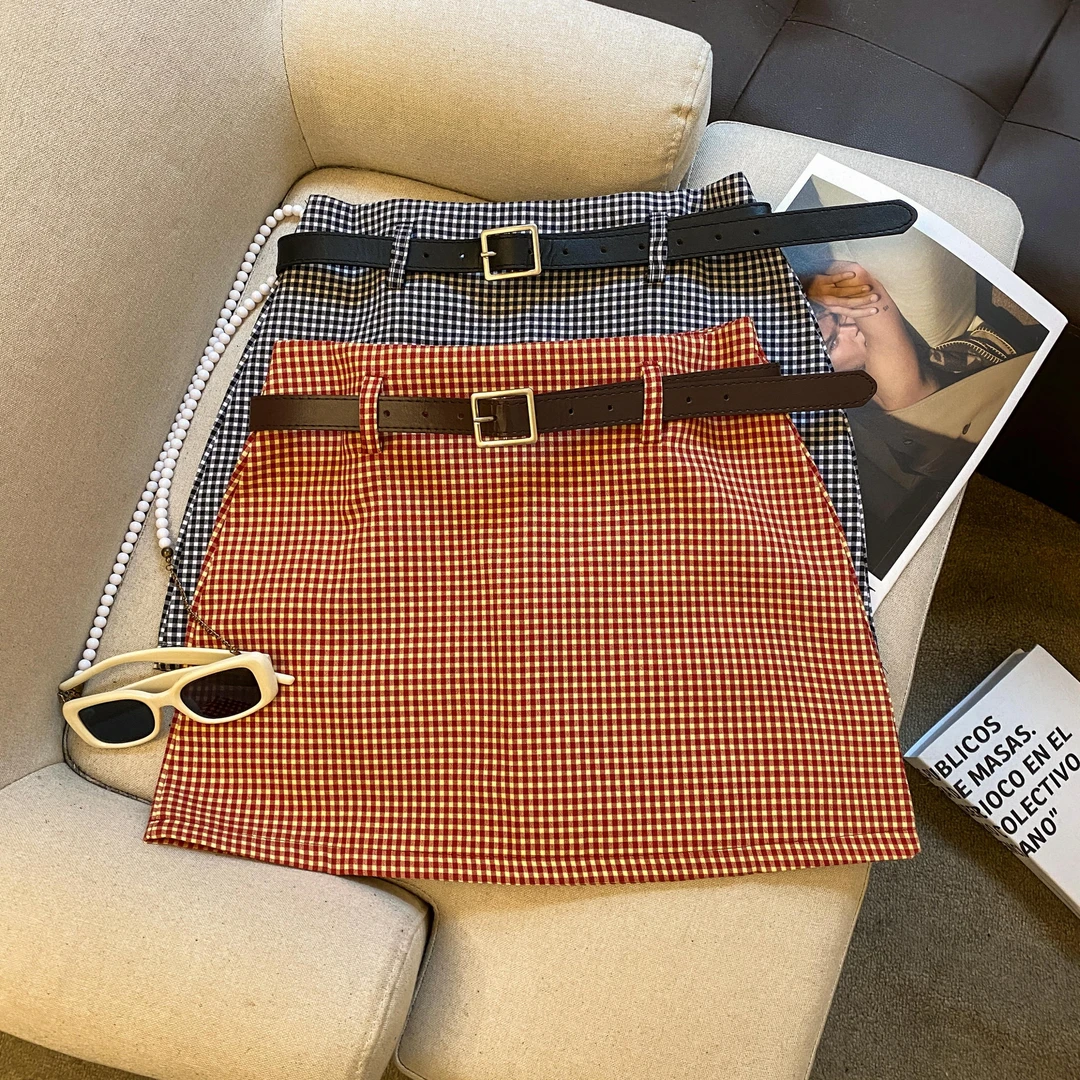 复古撞色格纹半身裙女气百搭质高腰显瘦A字裙防走光包臀短裙休闲