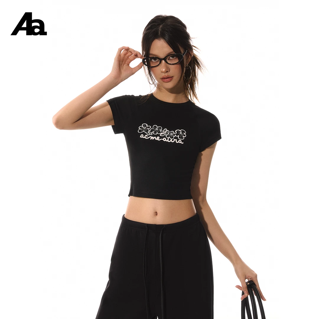 ACMEAURA美式辣妹圆领上衣字母印花T恤