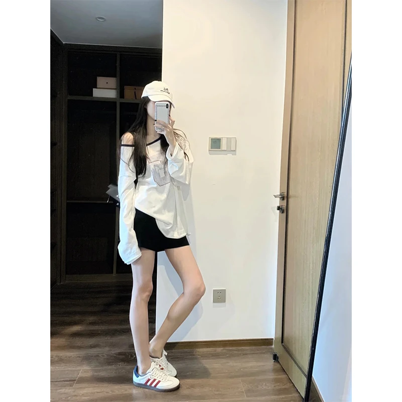 长袖斜肩辣妹纯欲风印花T恤上衣夏季新款百搭显瘦休闲短裤套装女