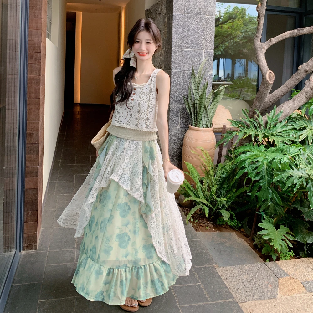 设计感小众甜美蕾丝罩衫吊带背心显瘦半身裙三件套连衣裙女夏新款