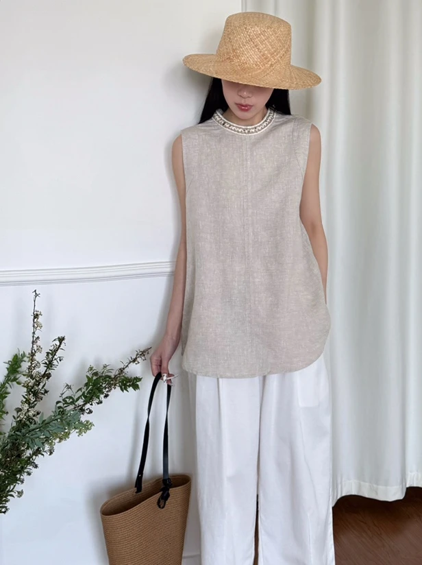 夏季新款法式手工编织钉珠亚麻无袖背心女