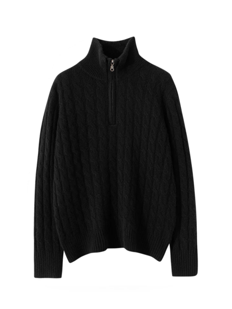 反季特惠】女士370克纯羊绒7针半拉链加厚款双股针织长袖绞花套衫