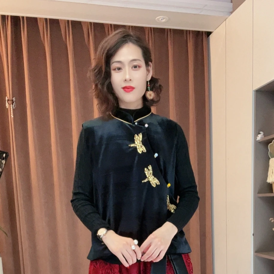 沐染家 优雅风立领真丝丝绒厚款蜻蜓钉珠马甲中式国风盘扣老钱风