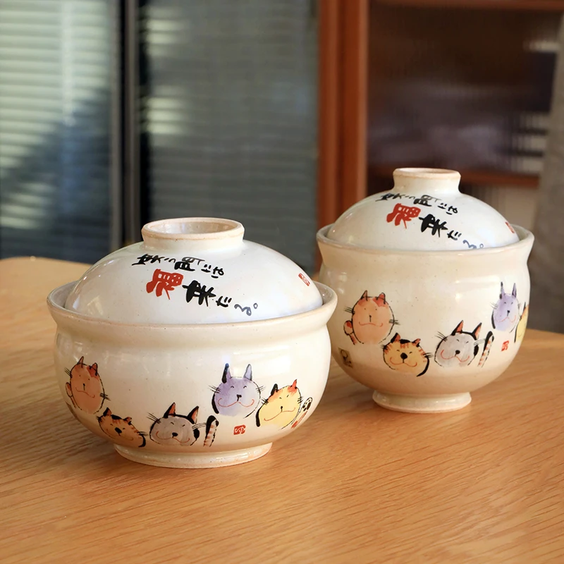 日本濑户烧可爱猫咪陶瓷饭碗汤碗加深带盖碗泡面碗冰裂釉炖盅A200
