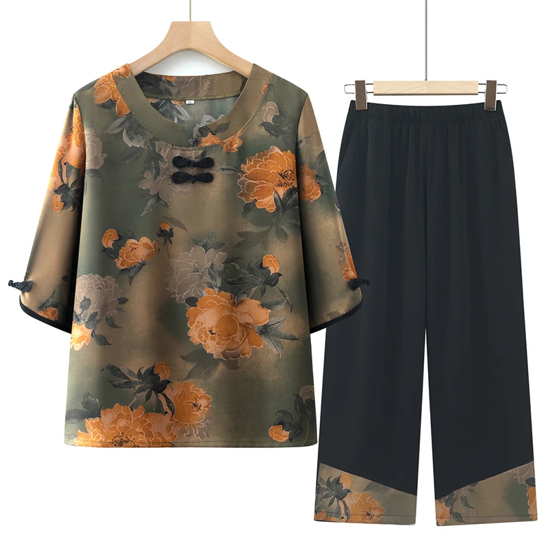 中老年女装夏季休闲套装大码妈妈装套头宽松上衣薄款老年人两件套