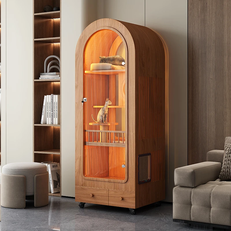 拱形风格猫别墅胡桃色实木小户型不占地带厕所超大一体猫屋猫笼子