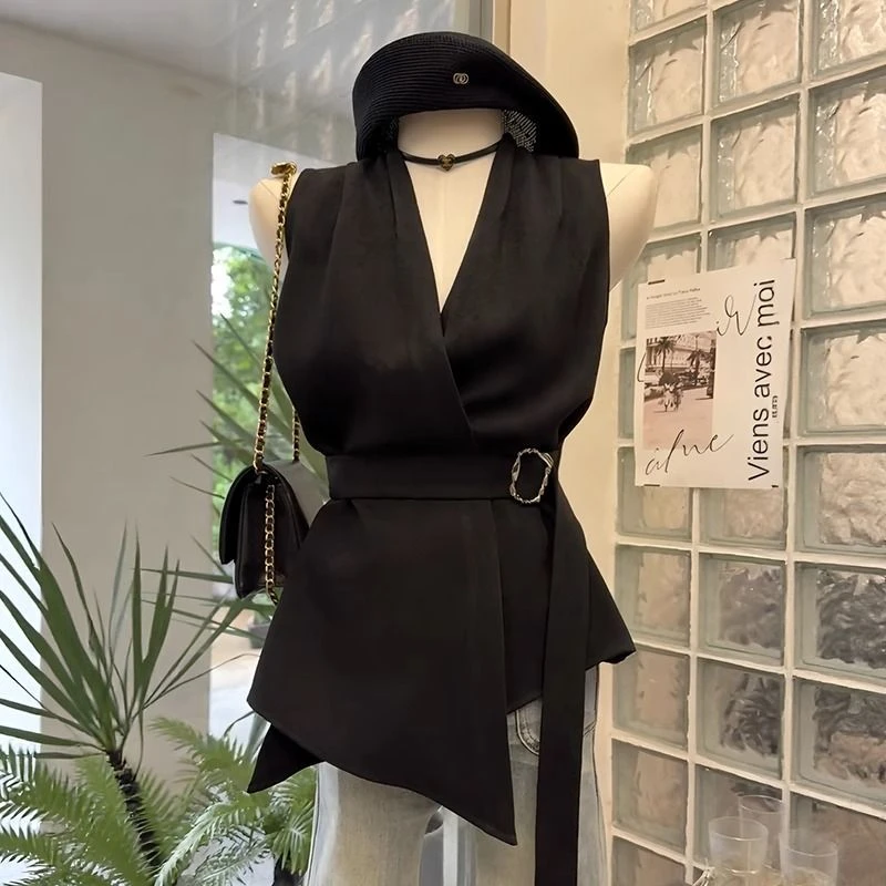 青竹雪法式气质V领系带收腰无袖衬衫女夏季高级感时尚显瘦上衣