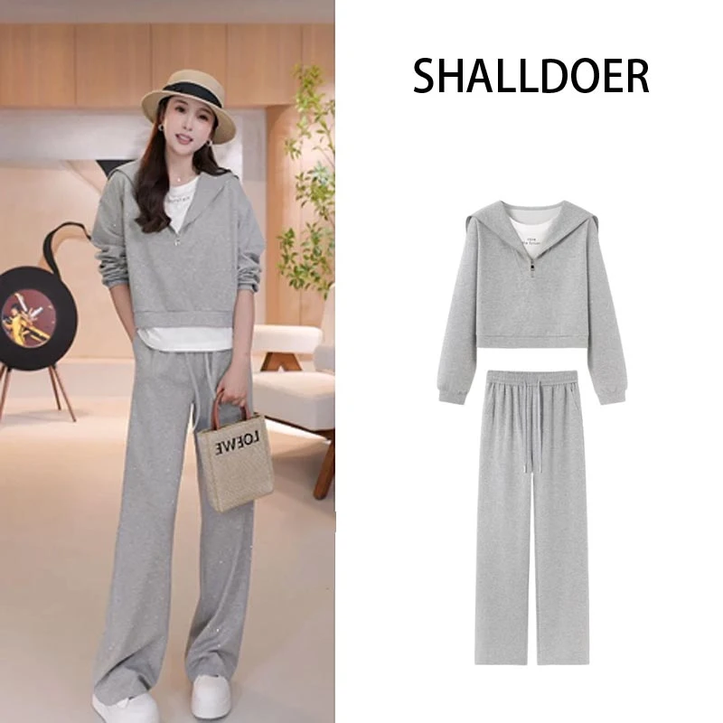 2025春新款烫钻假两件设计感长袖卫衣阔腿休闲裤两件套女时尚套装