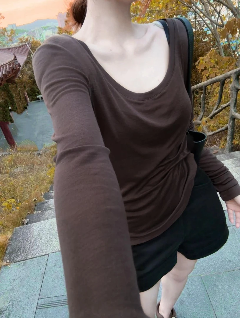 25秋新款天丝羊毛打底修身低胸内搭长袖T恤女纯欲慵懒风老钱上衣