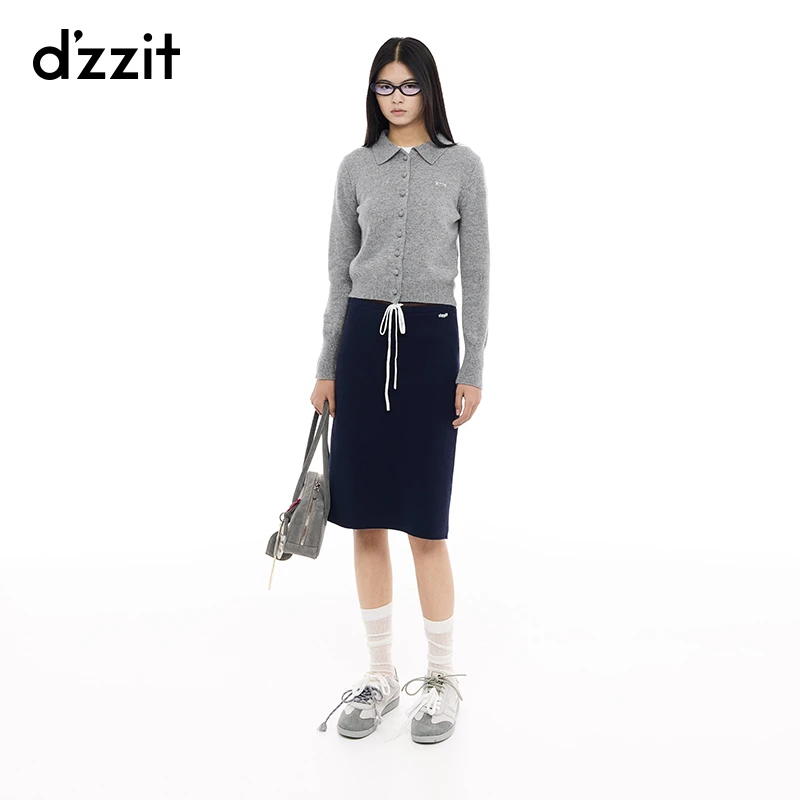 dzzit地素针织衫25春新款绵羊毛翻领纯色修身长袖开衫女3J1E5391E