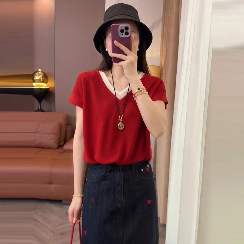 时尚洋气撞色V领短袖T恤女夏季新款气质高级感百搭宽松显瘦上衣潮