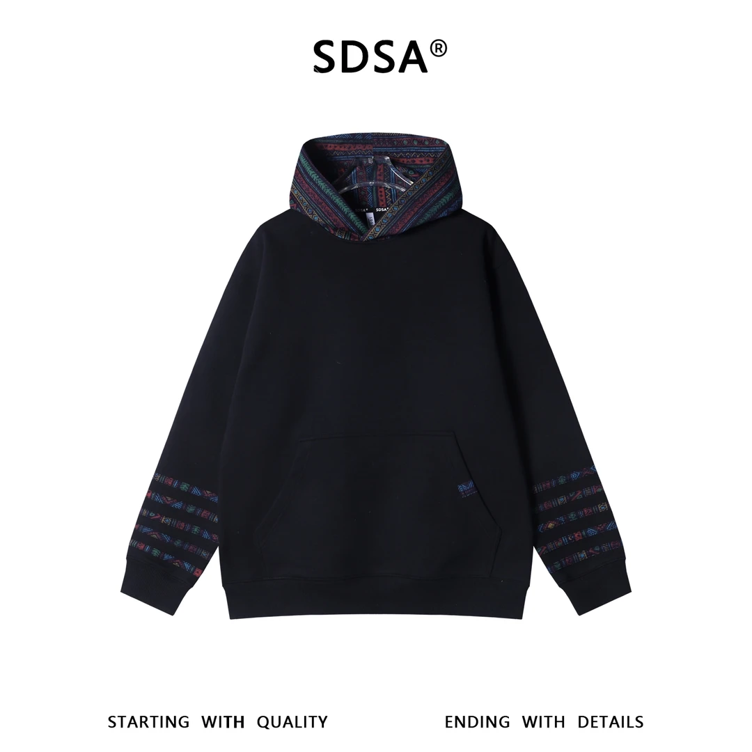 SDSA男士秋冬新款痞帅男装简约时尚撞色拼接连帽卫衣百搭宽松上衣