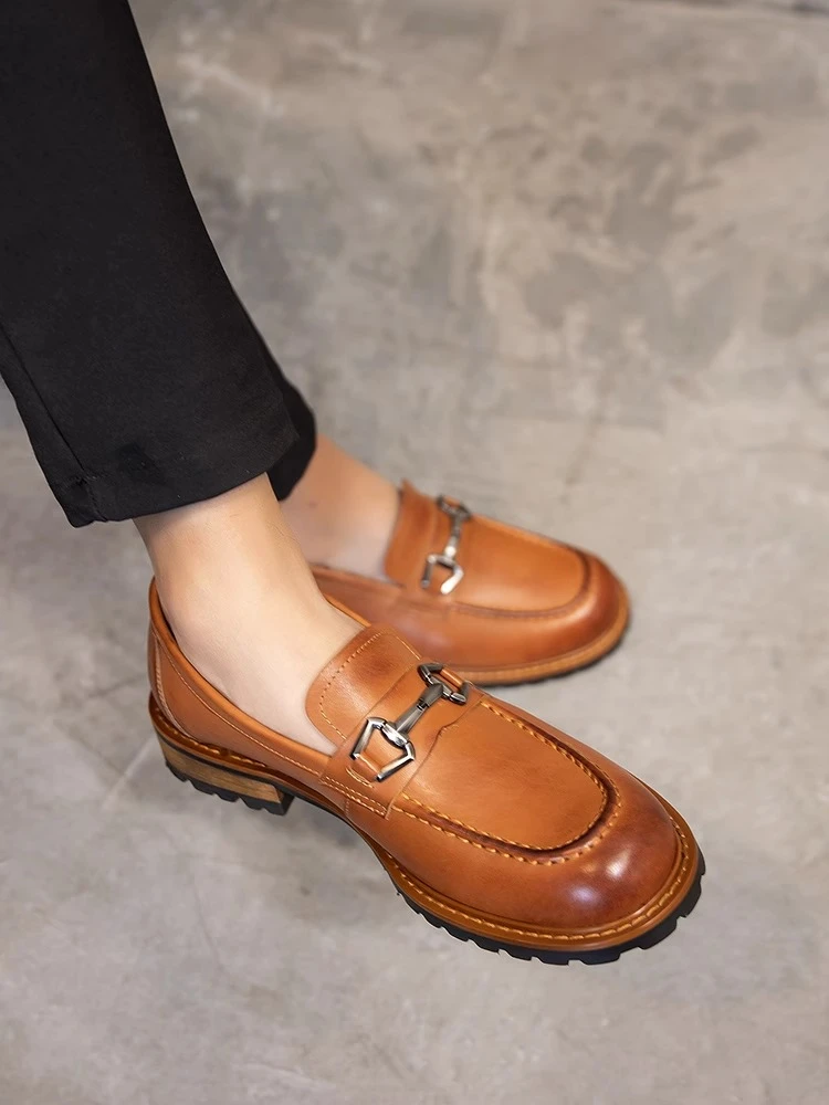 豪门潮鞋手工真皮金属套脚胶粘圆头修面皮百搭皮鞋透气夏季休闲鞋