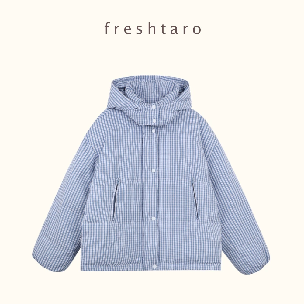freshtaro 肌理感蓝格纹 复活版型可拆卸帽保暖羽绒服女冬季外套