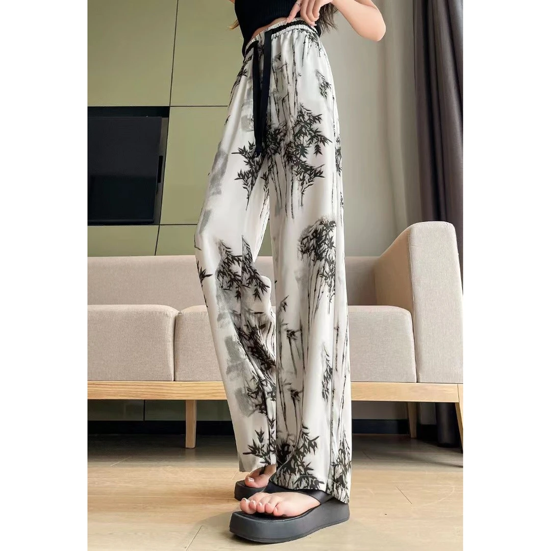 冰丝阔腿裤女2025新款夏季薄款水墨国风休闲防晒直筒冰凉印花裤子
