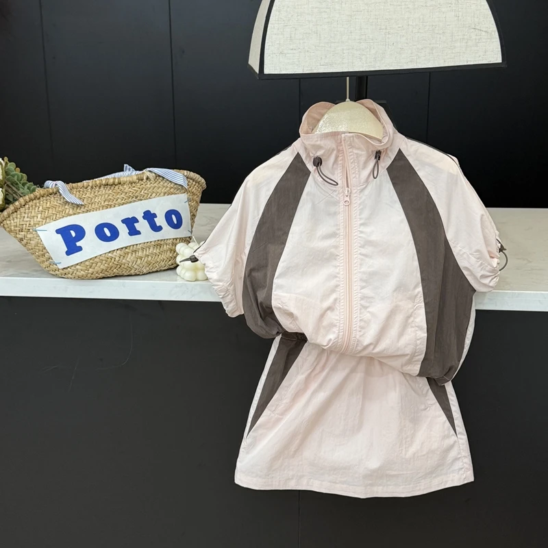 【现货】leomama女童拼色时尚立领运动防晒两件套夏季休闲裙裤套装