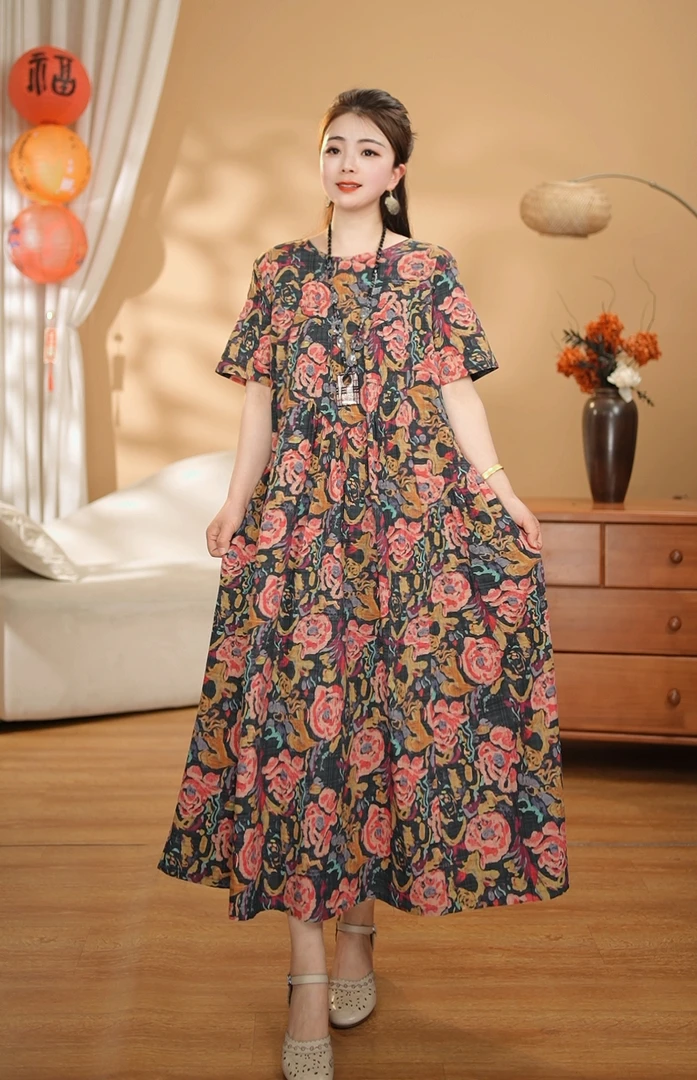 【素雅】夏季新品连衣裙宽松显瘦大板休闲棉麻印花气质洋气长裙3018