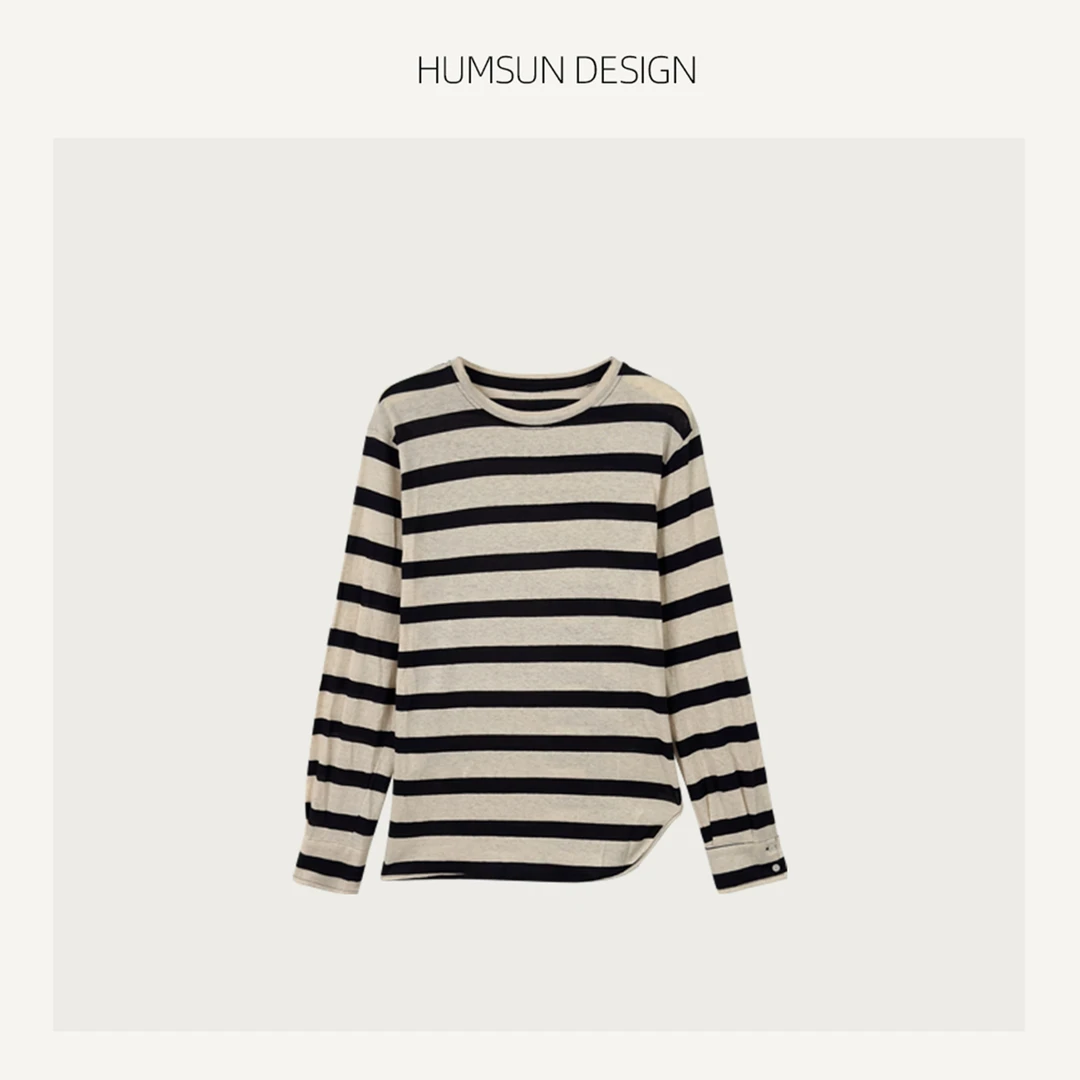 HUMSUN/禾木笙獨特复古轻薄麻料肌理撞色慵懒条纹长袖T恤 24A5146