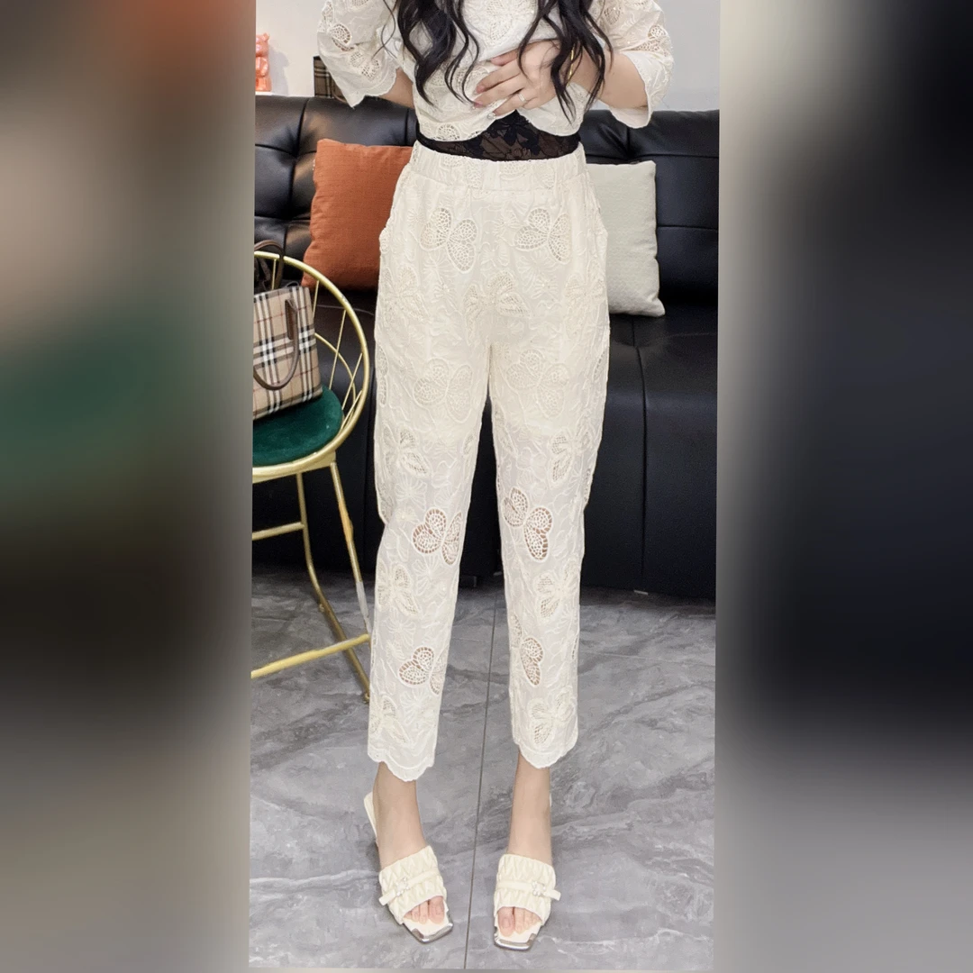 （9920）雪颖家2025年夏季新款雕花镂空福蝶刺绣串片百搭女裤