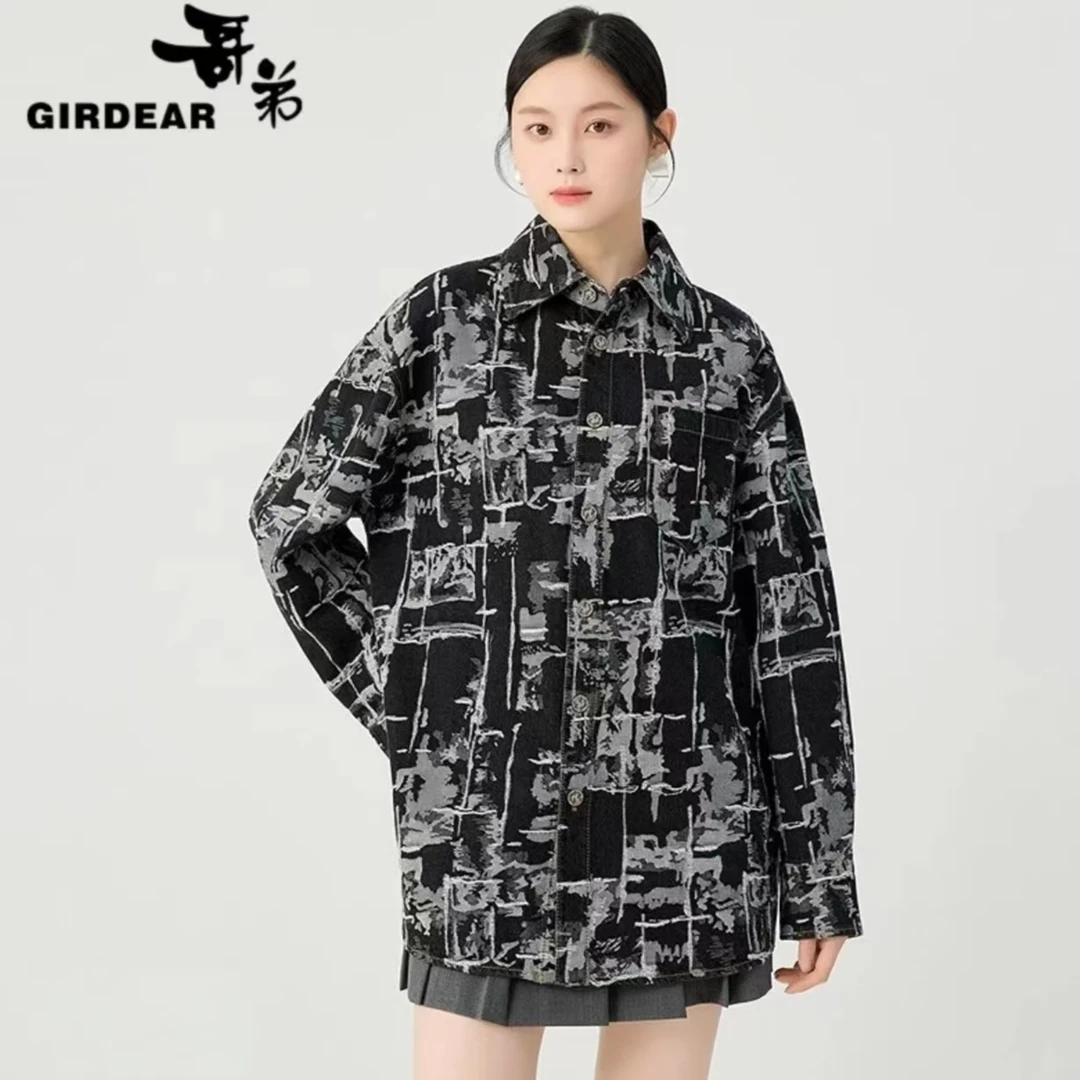 哥弟 百搭男女共享衣橱落肩牛仔大衬衣外套女时尚休闲复古140033