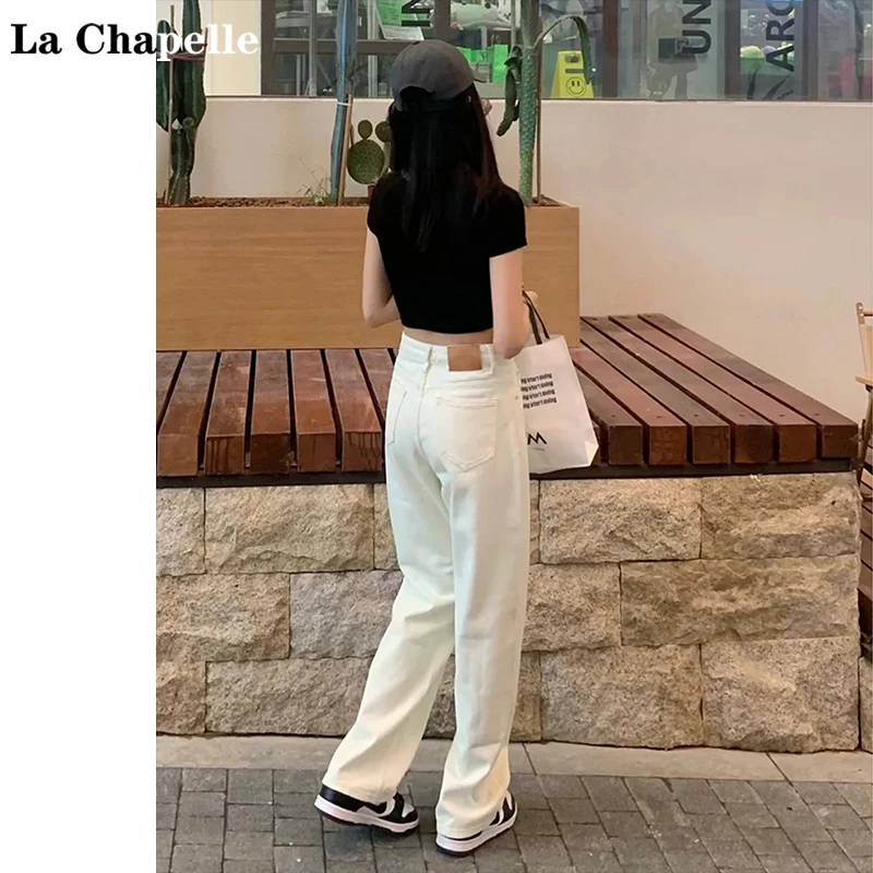 拉夏贝尔米白色高腰阔腿牛仔裤女2025秋季新款显高显瘦窄版直筒裤