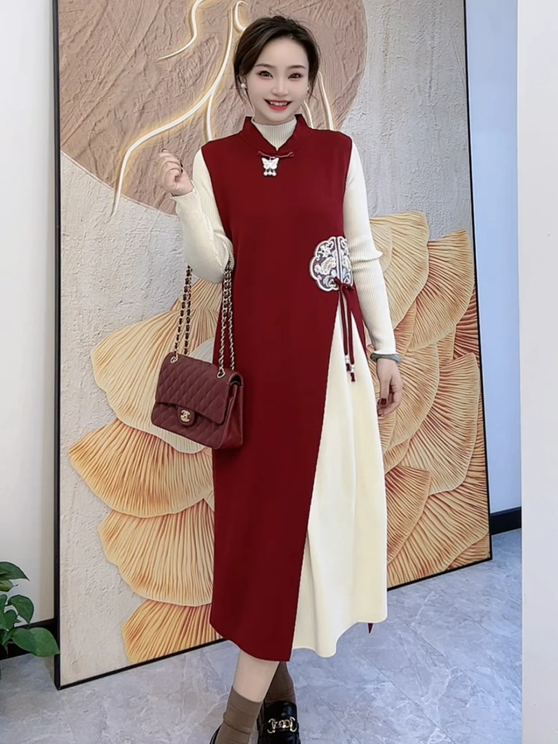 【韩墨墨】2025中国风时尚新套装马甲两件套打底显瘦连衣裙#014