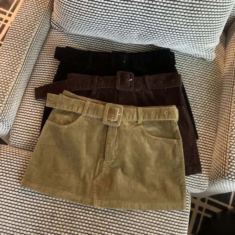 自留款推荐~早秋冬新款美拉德纯欲风配腰带防走光灯芯绒半身短裙