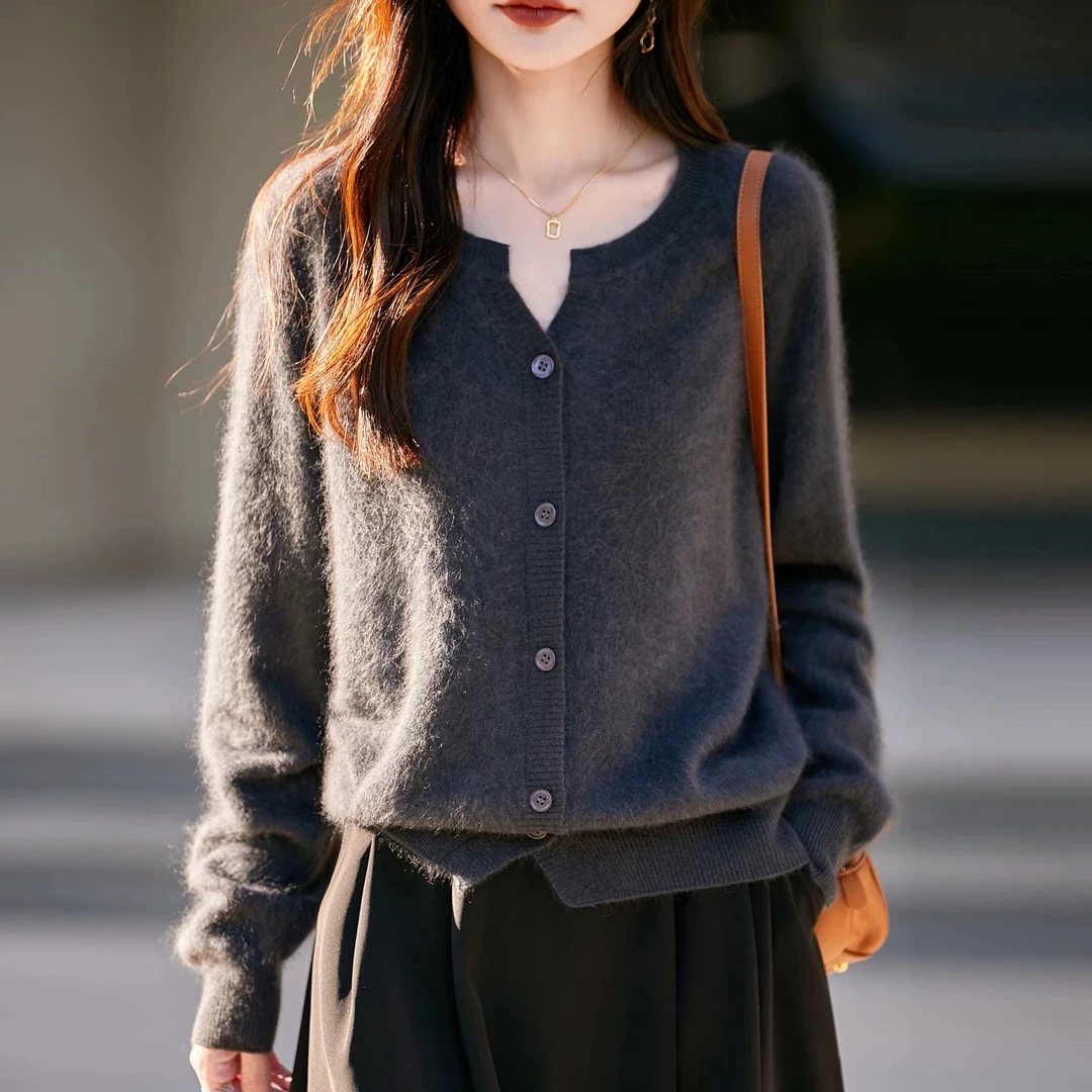 377【山羊绒拉毛】慵懒风拉绒毛衣秋冬女士圆领无缝一体针织开衫