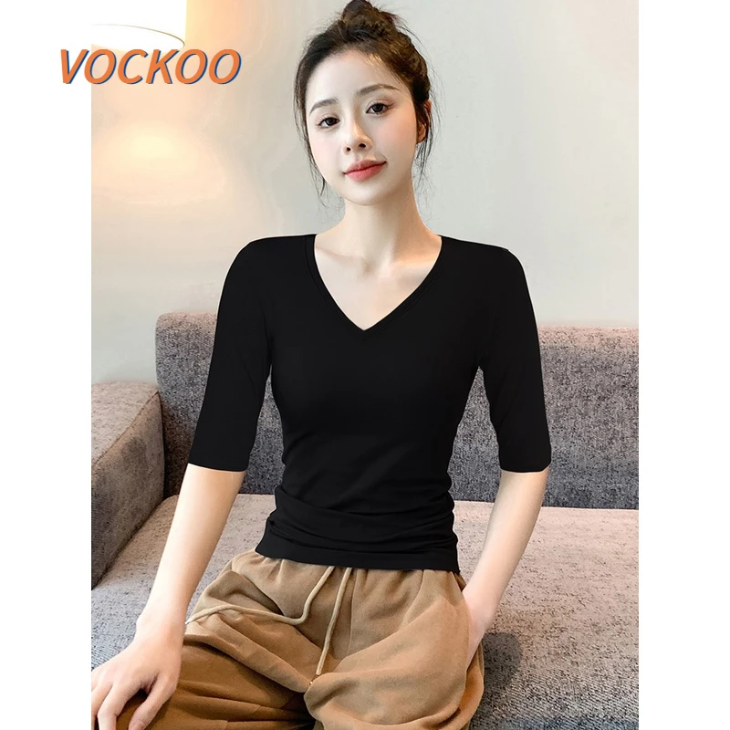 VOCKOO半袖中袖V领T恤女冰丝薄款修身莫代尔打底衫内搭春秋五分袖