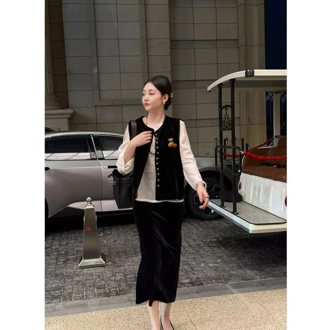 复古蕾丝2025秋季新款女装宽松马夹百搭黑色马夹外穿马甲女外搭