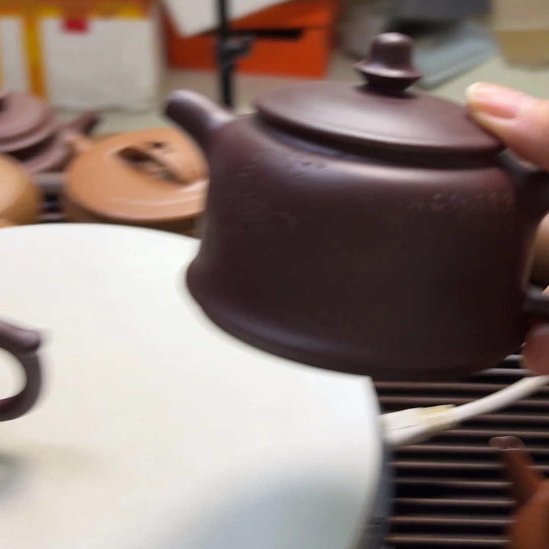 千***寻紫砂茶壶老紫泥金钟刻绘