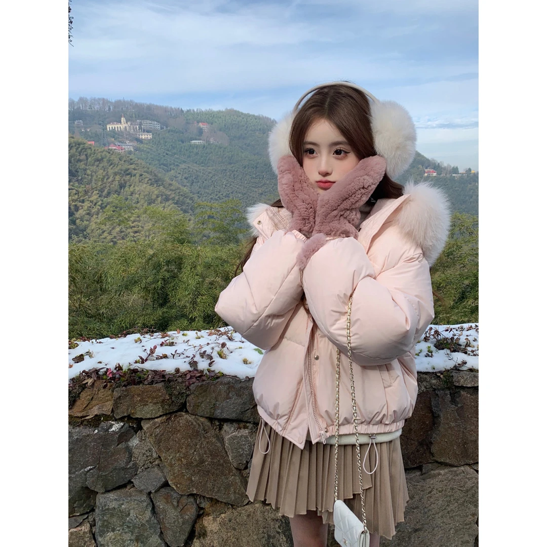 奶油小泡芙韩系嫩粉色连帽大毛领棉服外套女冬季新款加厚保暖棉衣
