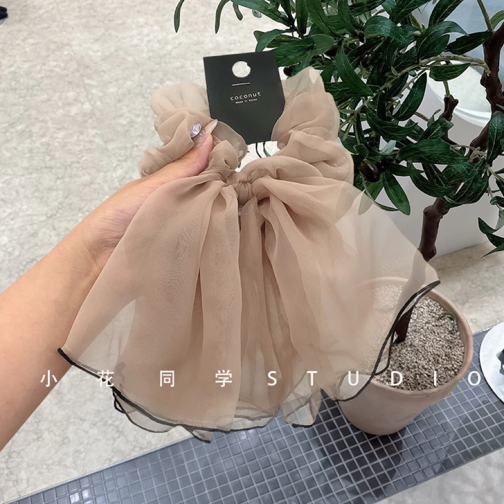 韩国发饰2025新款高级感精致奶咖色欧根纱蝴蝶结飘带发圈大肠圈