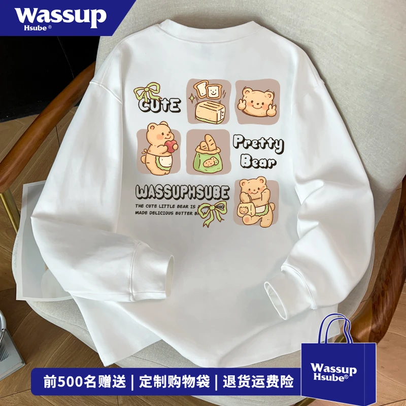 WASSUP HSUBE可爱黄油小熊纯棉长袖t恤男女百搭秋季潮牌重磅上衣