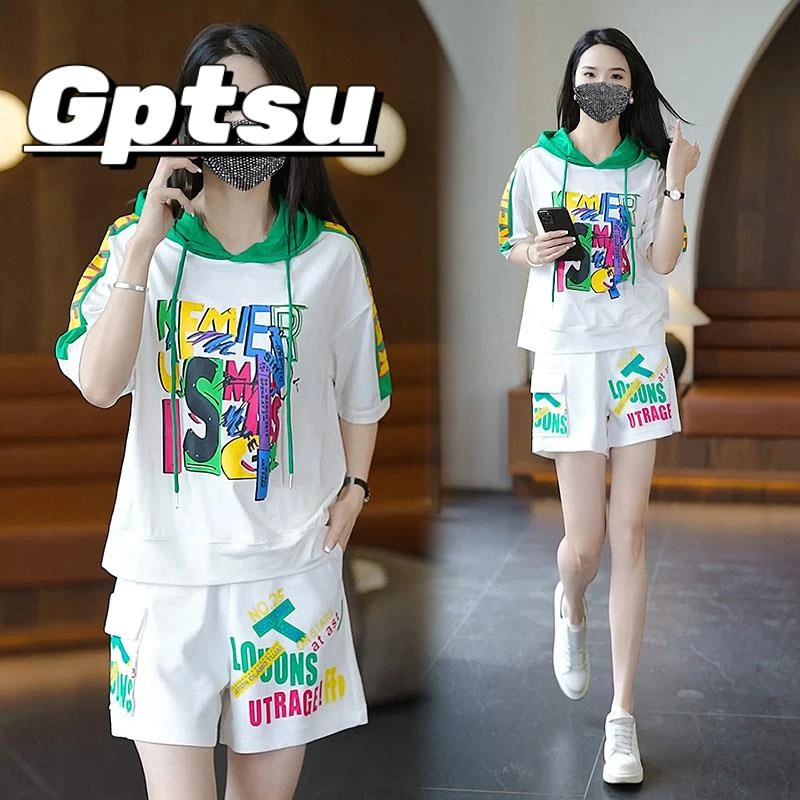 GPTSu运动服套装女2025款涂鸦短袖短裤时尚两件套小个子大码女装
