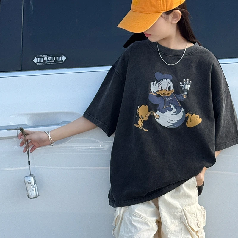 千与服饰#恤上衣2025夏装新款女大童做旧洋气半袖休闲打底衫t