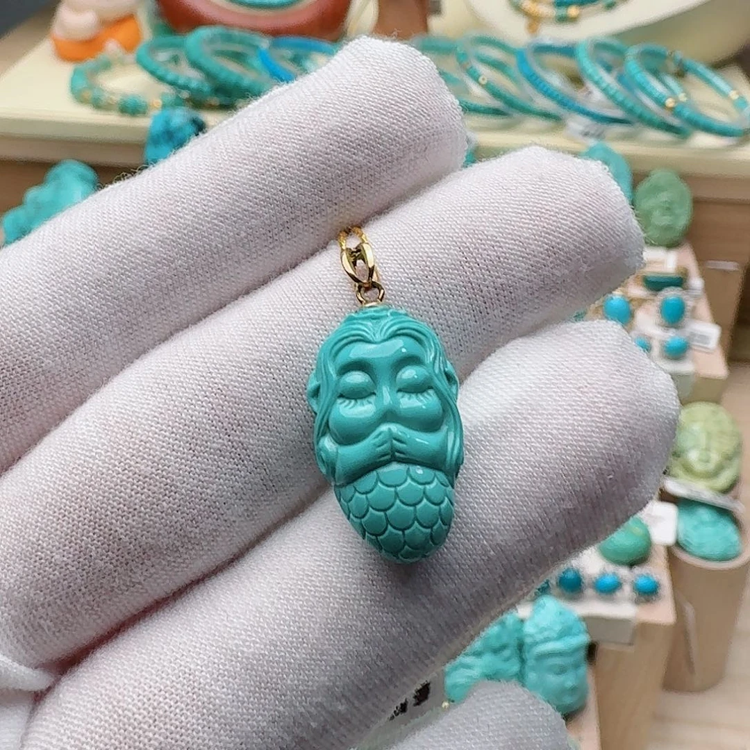 绿松石未镶嵌高瓷绿精雕美人鱼