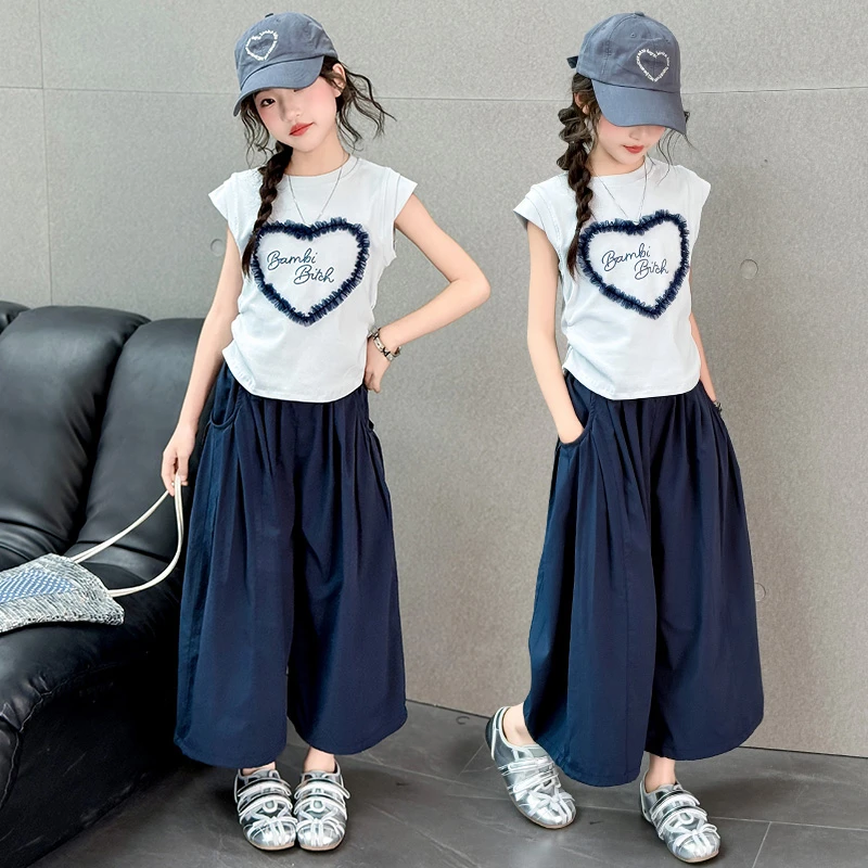 女童夏季套装甜美T恤2025新款中大儿童6-12-15岁薄款牛仔阔腿裤潮