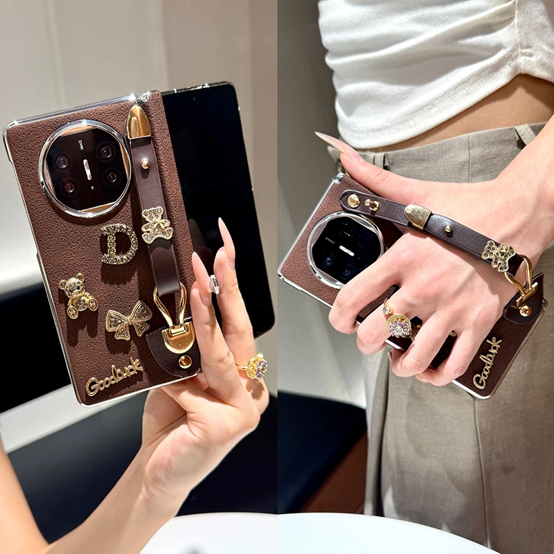 适用华为matex5手机壳折叠屏中轴新款x6典藏版x3创意皮纹腕带女款