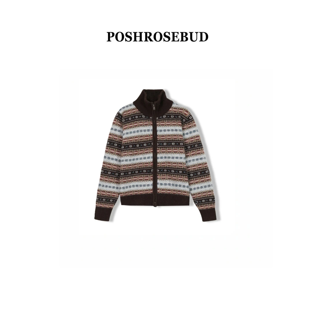 【POSHROSEBUD】燕麦奶棕丨秋冬气质提花针织衫开衫上衣女1021