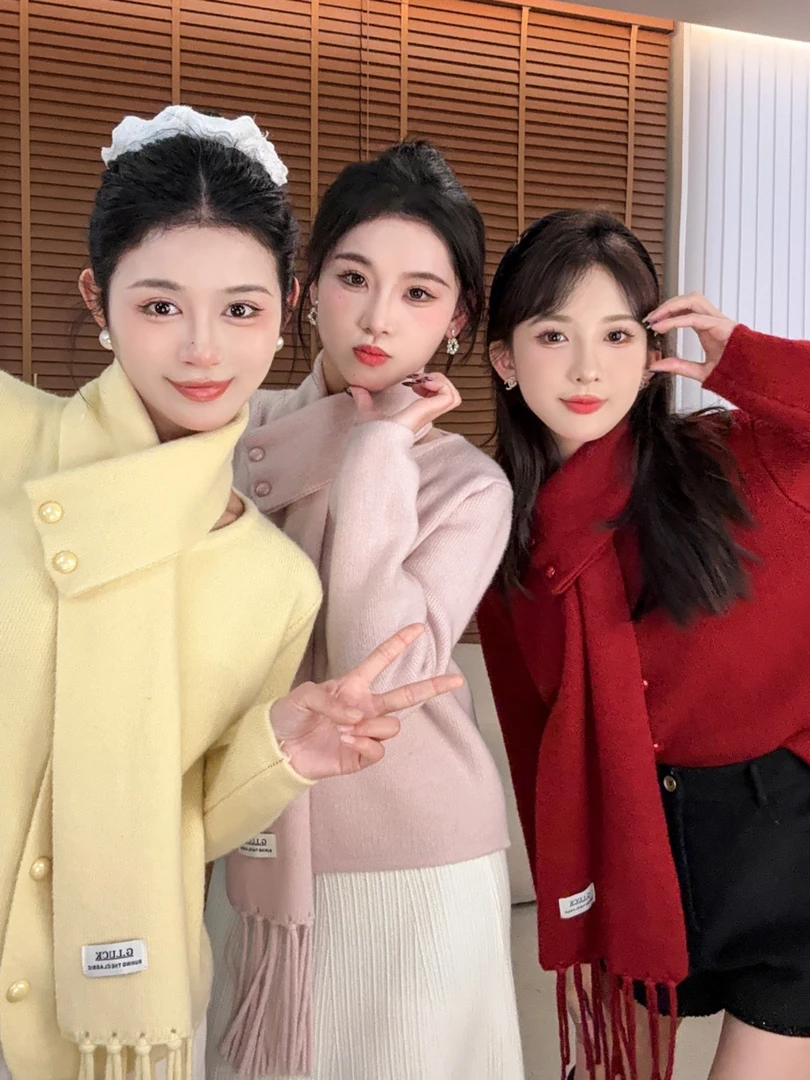 韩系温柔软糯短款针织开衫小个子配围巾气质甜美显瘦毛衣外套女