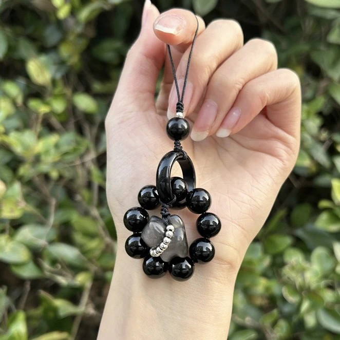 杭州景区新款银曜石手机挂小猫咪招财猫黑色系手机挂情侣动人礼品