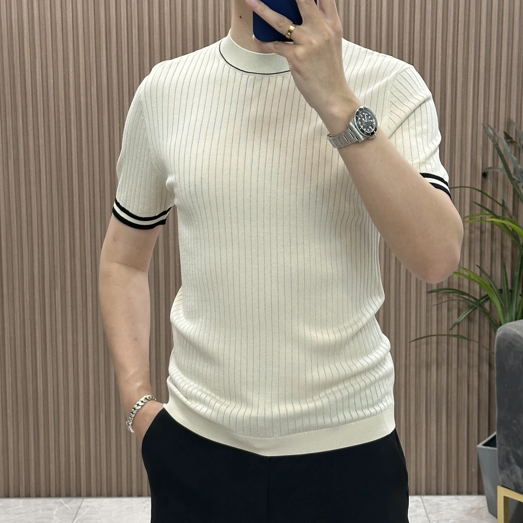 夏季圆领竖条休闲商务薄款男针织衫拼色透气轻熟短袖体恤88206