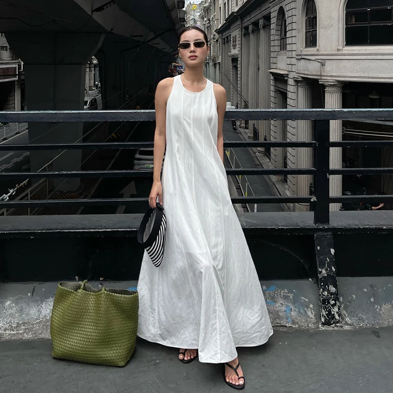 PURITYYH小众简约白色圆领气质长款背心裙显瘦高级感无袖连衣裙女