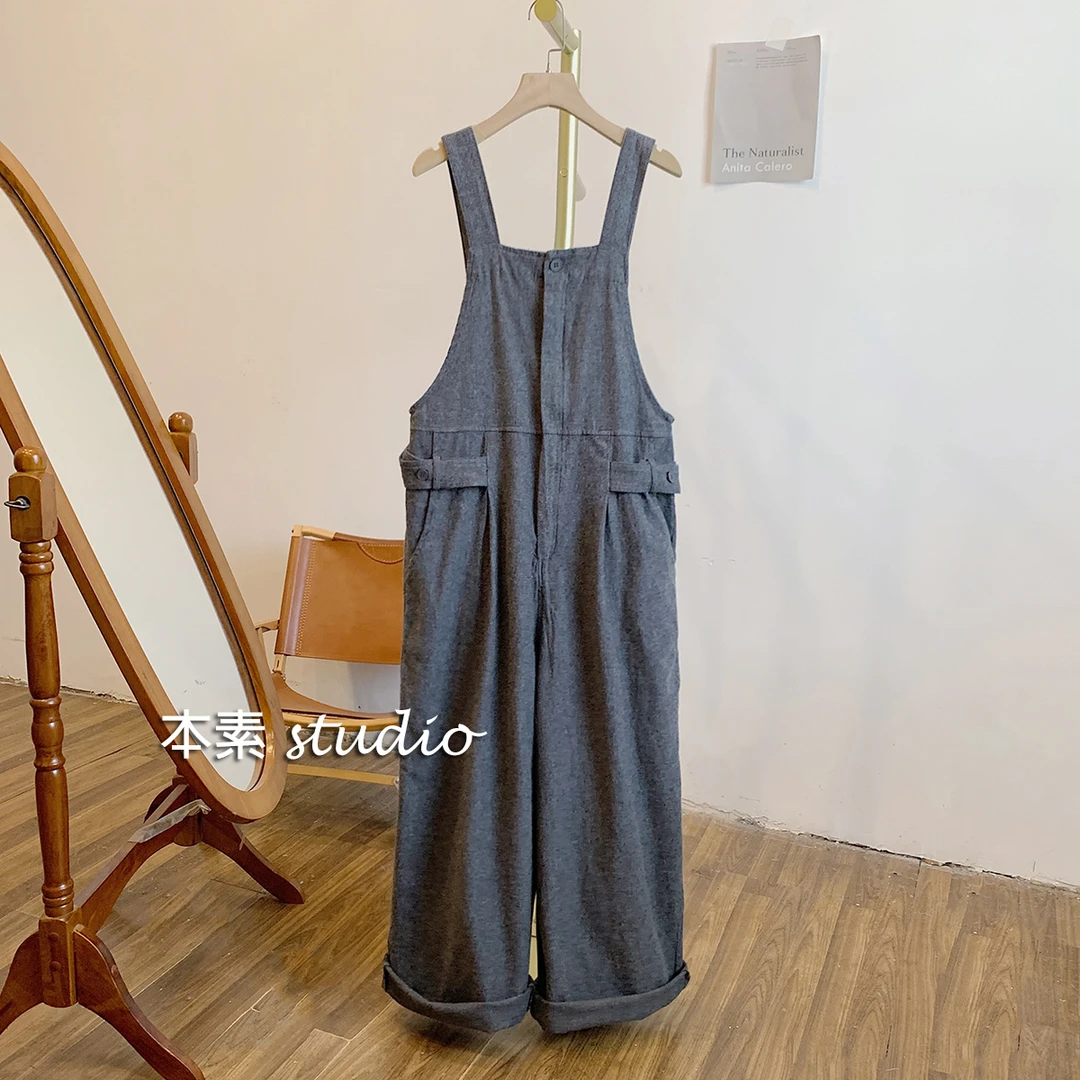 C1104人字纹拉链腰侧绊扣可调节宽松背带裤