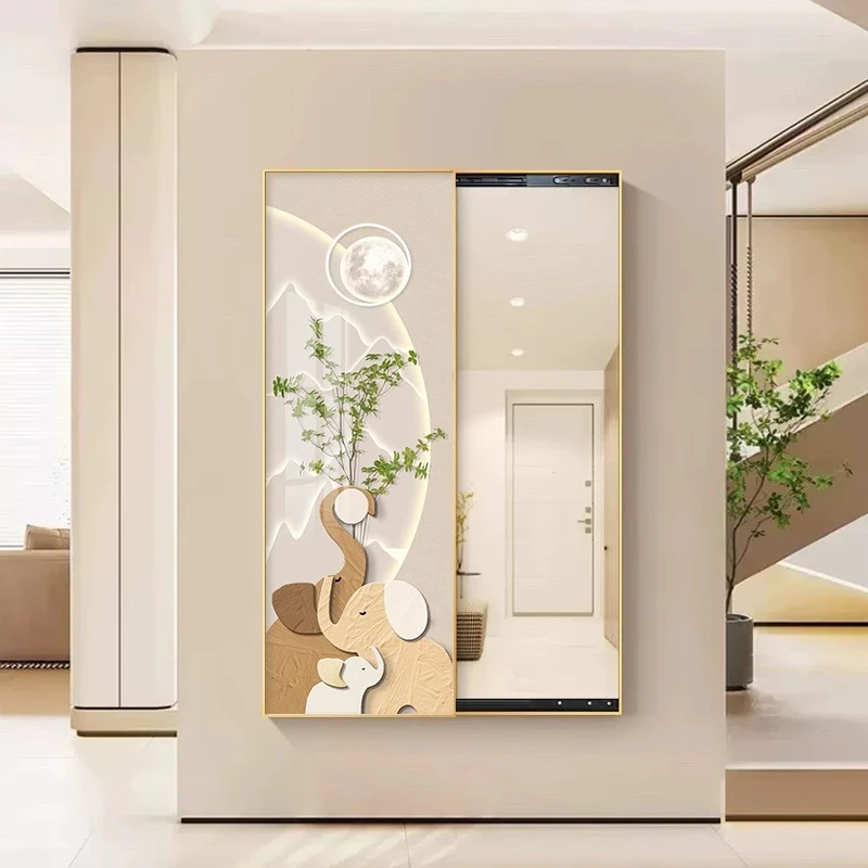 一家三口大象隐形穿衣镜壁画推拉隐藏式全身镜入户玄关镜子装饰画